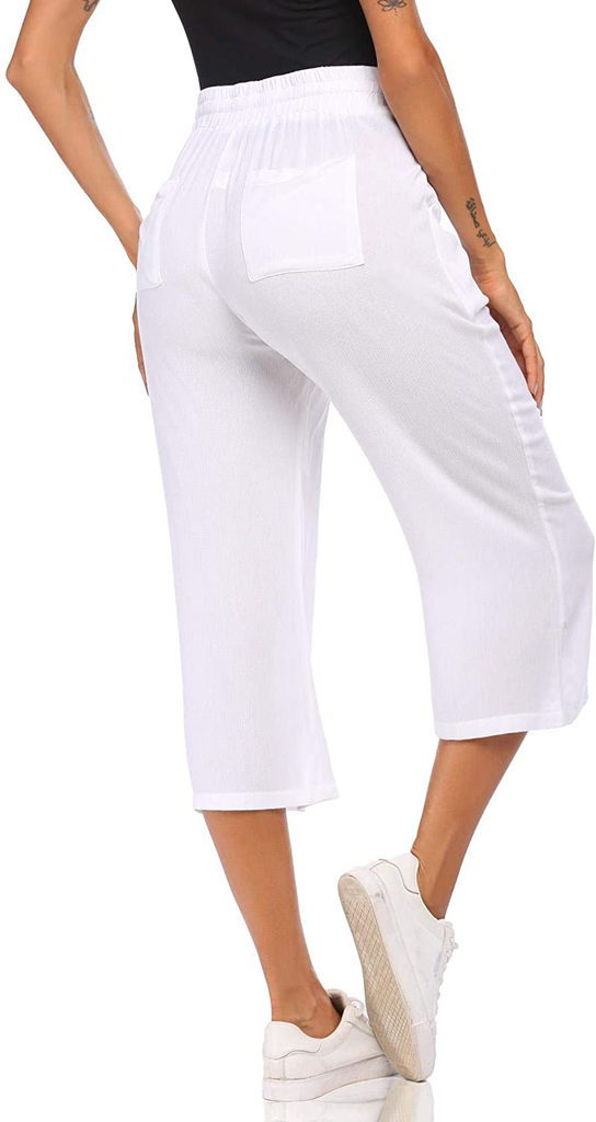 Wildtrest Women's Drawstring Cropped Wide Leg Pants Casual Loose Cotton Capri Trouser