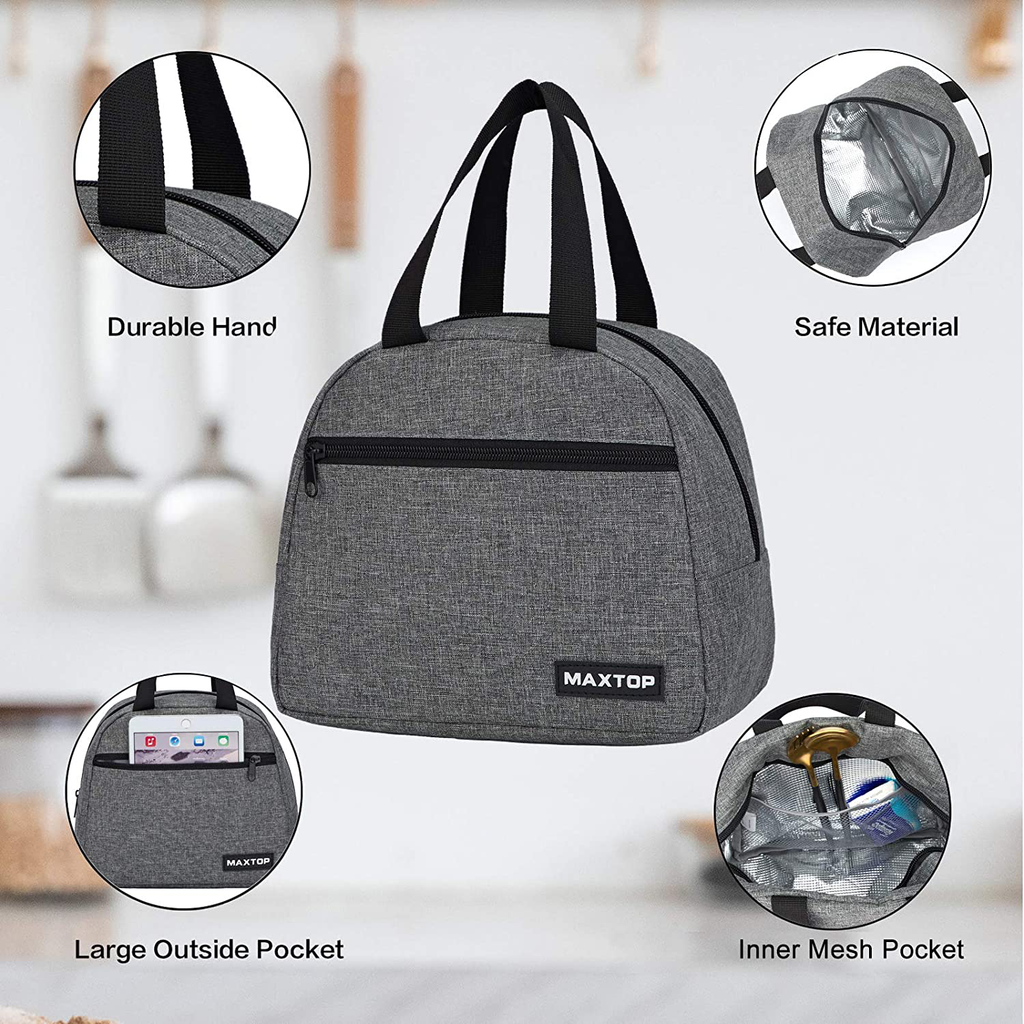 Lunch Bags for Women,Insulated Thermal Lunch Box Bag for men With Front Pocket and Inner Mesh pocket, Cooler Tote Bag Gifts for Adults Women Men Work College Picnic Beach Park School (Grey, Large)