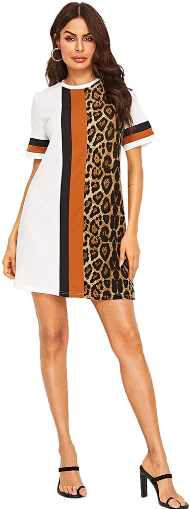 Floerns Women's Short Sleeve Color Block Leopard Print Tunic Dress