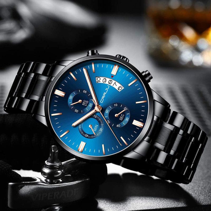 Men's Waterproof Quartz Chronograph Dress Watch with Stainless Steel Band