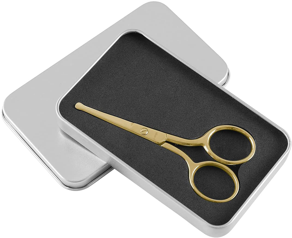 LIVINGO Professional Nose Hair Scissors, Multi-Purpose Stainless Steel Rounded Tip Straight Blade, Facial Hair Beard Eyebrows Ear Trimming Beauty Grooming Tool for Men & Women, 3.5” Gold
