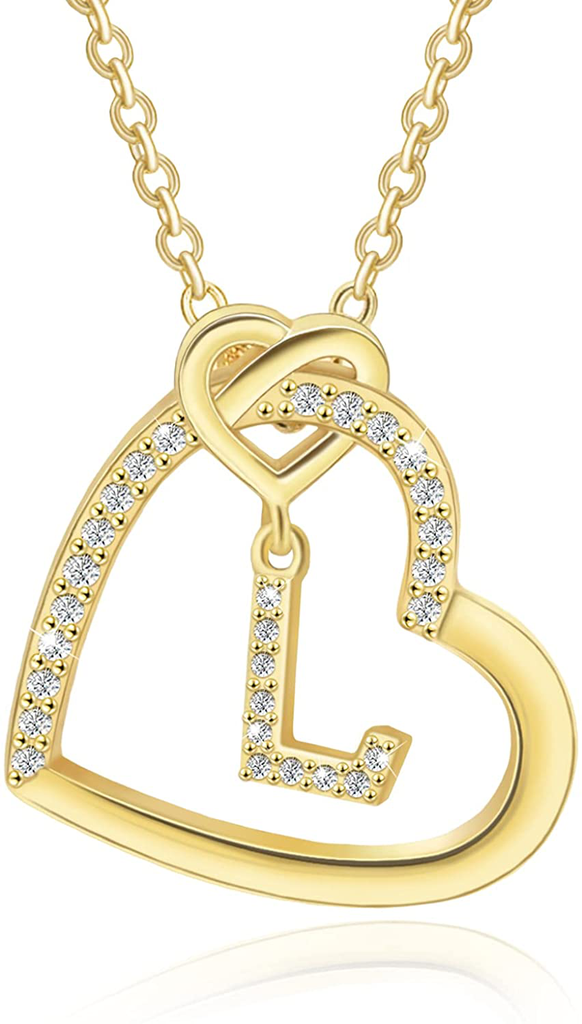 Heart Initial Necklace for Women, 14K Gold Plated Initial Necklace, Sterling Silver Initial Pendant Necklace, Cubic Zirconia Initial Necklace, Adjustable Letter Charm Necklace for Girls