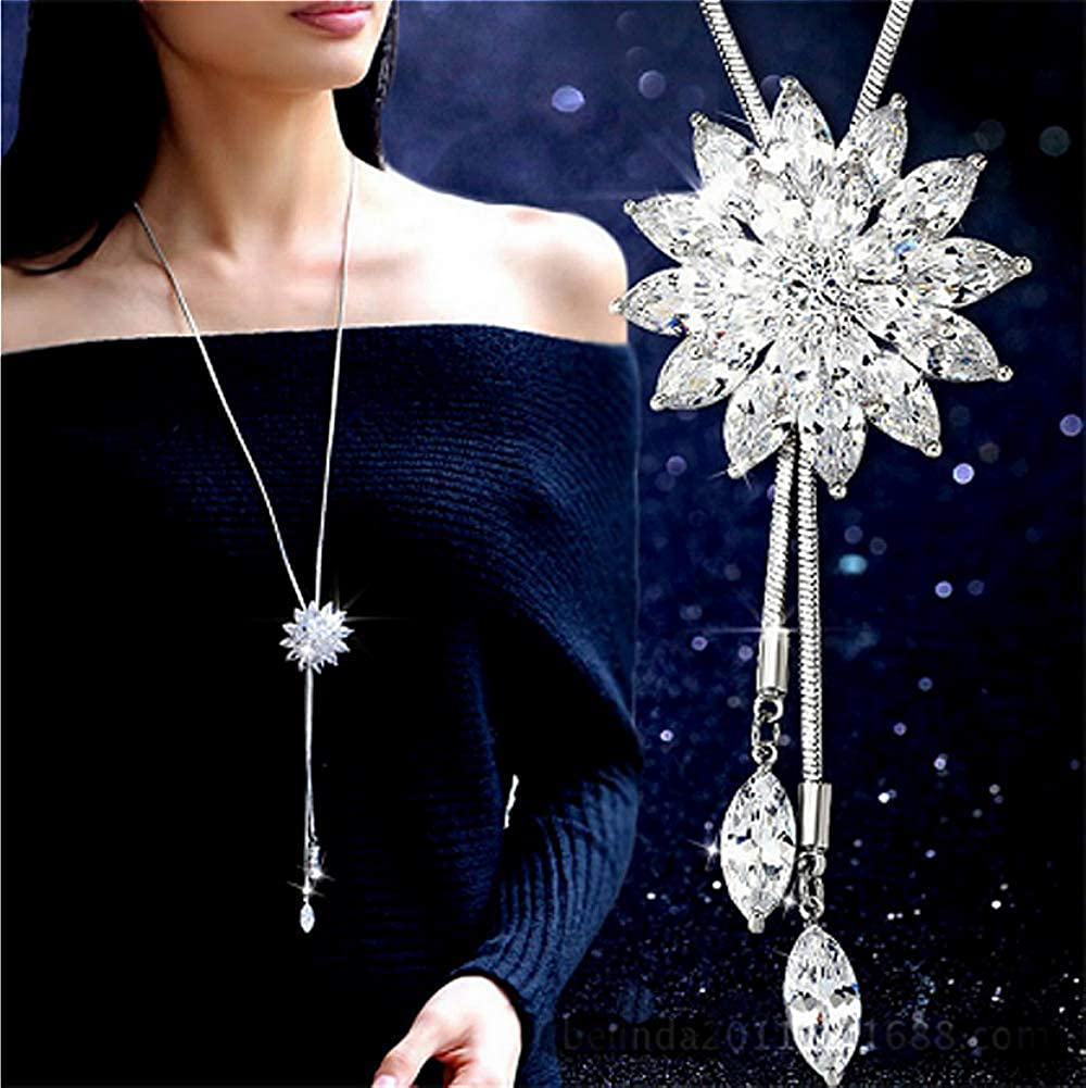 Cathercing Rhinestone Lotus Floral Pendant Long Necklace for Women Sweater Chain Statement Necklace Choker Adjustable Elegant Jewelry Accessories Dressy Collocation Winter Evening Party Wedding