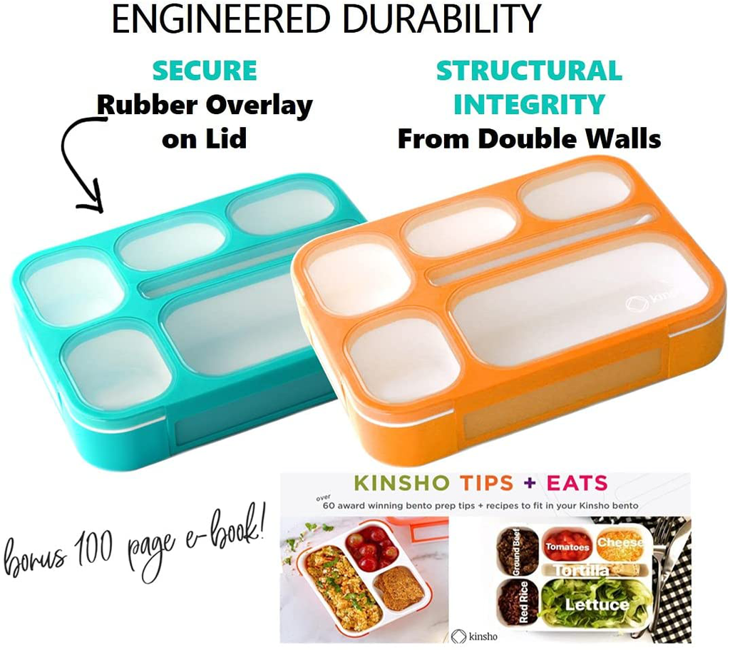 Bento Box with Lunch Bag and Ice Pack Set | 2 Boxes, Bags, Cold Packs for Kids Adults | Value Containers for School Lunches or Snack, 6 Compartments Leakproof BPA Free, Teal, Orange