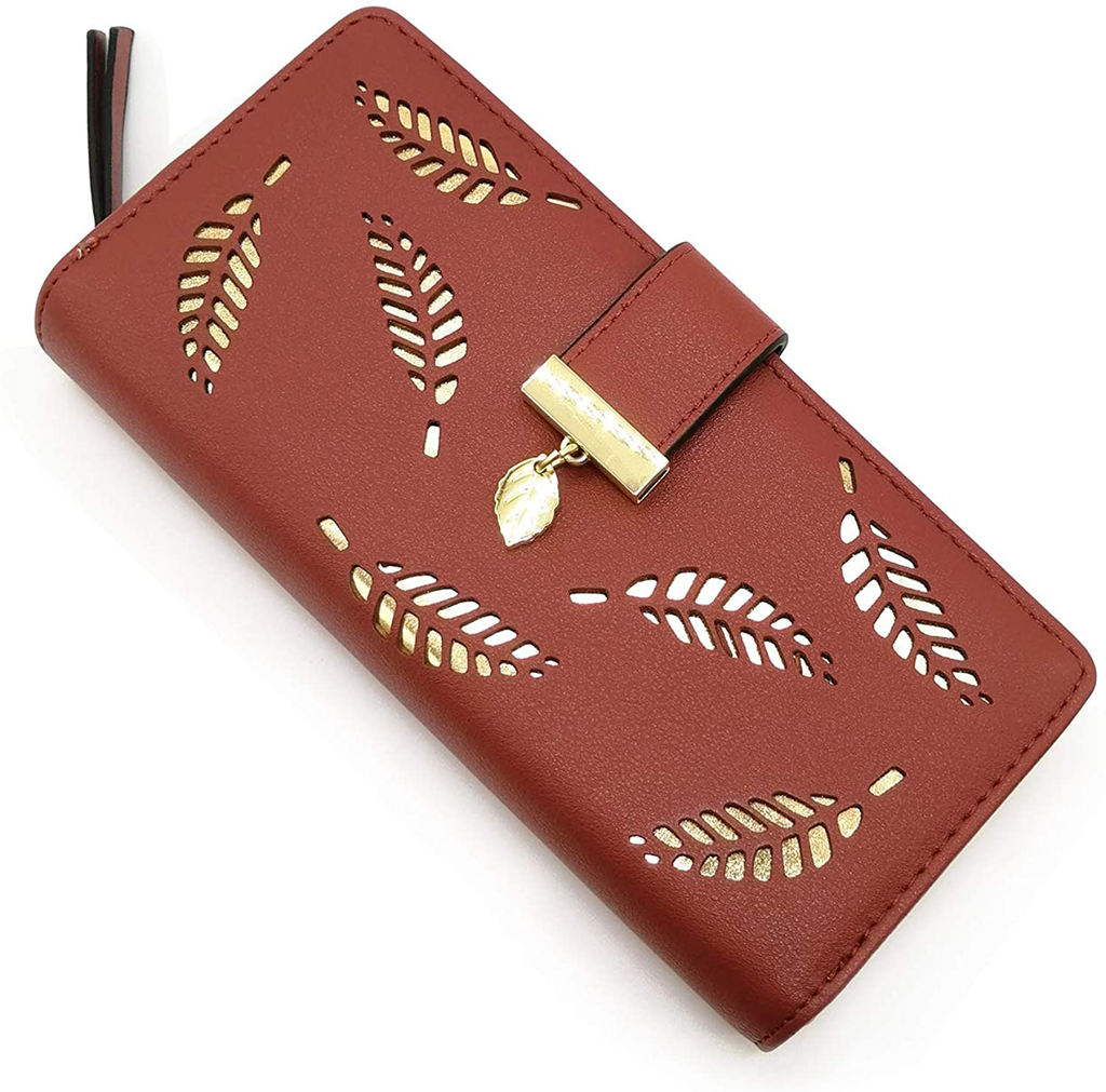 Women's Short Purse Leather Medium Wallet Leaf Bifold Card Coin Holder Small Purses Buckle Zipper Clutch-by Vodiu