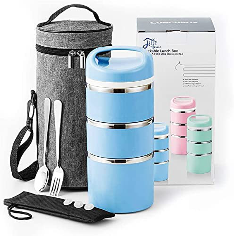 Lille Home Stackable Stainless Steel Thermal Compartment Lunch/Snack Box, 3-Tier Insulated Bento/Food Container with Upgraded Lunch Bag, Portable Cutlery Set and 3 Extra Silicone Seals, 43 OZ, Blue