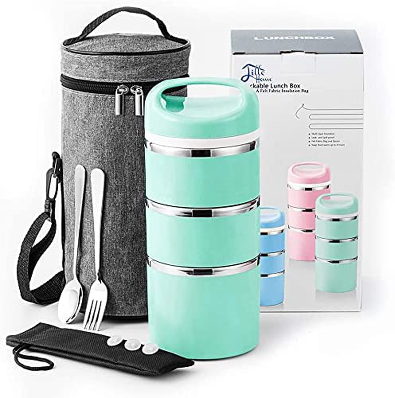Lille Home Stackable Stainless Steel Thermal Compartment Lunch/Snack Box, 3-Tier Insulated Bento/Food Container with Upgraded Lunch Bag, Portable Cutlery Set and 3 Extra Silicone Seals, 43 OZ, Green