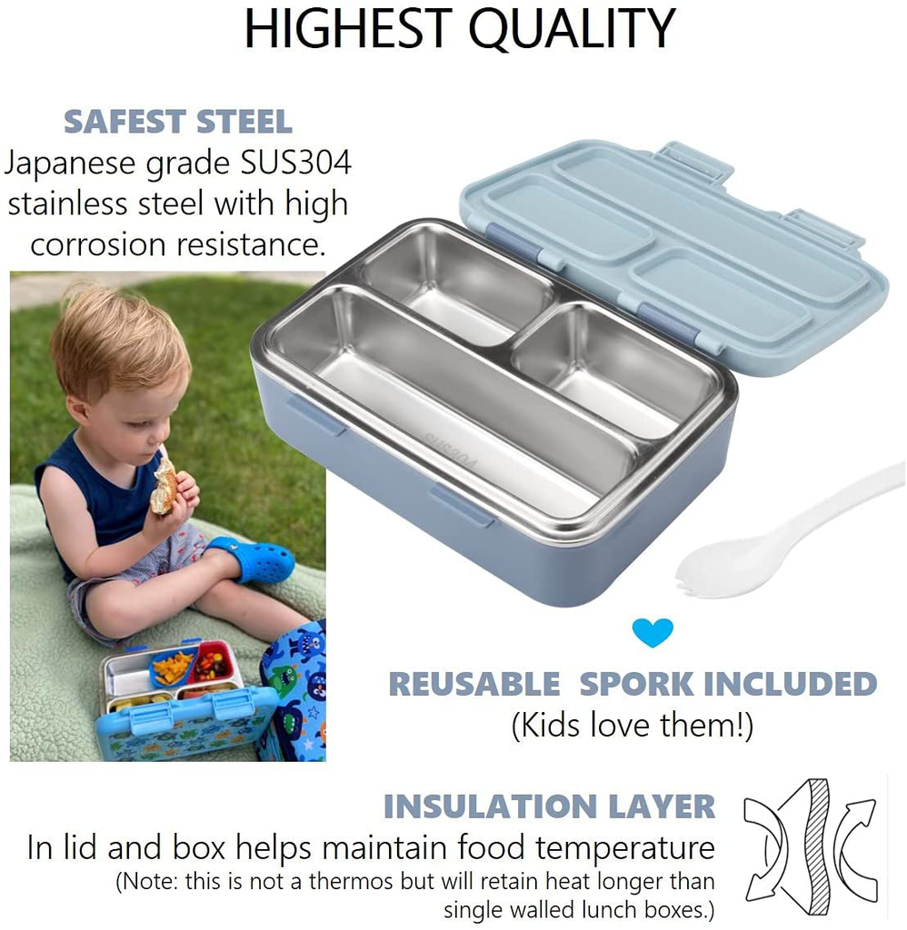 Stainless Steel Bento Lunch Box for Kids Toddlers Baby Boys, 3 Insulated Eco Metal Portion Sections Leakproof Lid, Pre-School Daycare Lunches and Snack Container, Blue