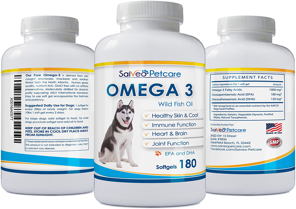 Salveo Petcare Omega 3 Fish Oil for Dogs - Natural Pet Supplement for Shiny Coat - Wild Caught More EPA & DHA Than Salmon Oil - No Fishy Smell or Mess - Ideal for Medium Large Dogs