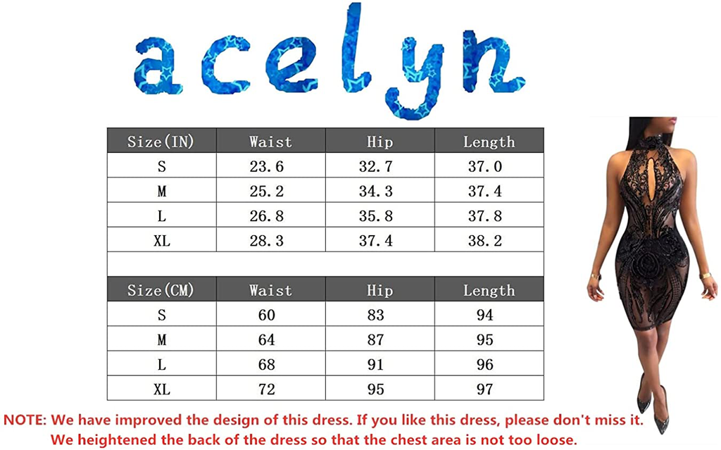 acelyn Women's Sexy Halter Backless See Through Sequins Floral Club Bodycon Mini Dress …