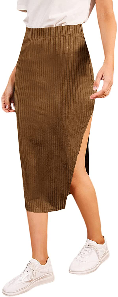 SheIn Women's Slit Midi Skirt Split Bodycon Pencil Ribbed Knit Midi Skirts