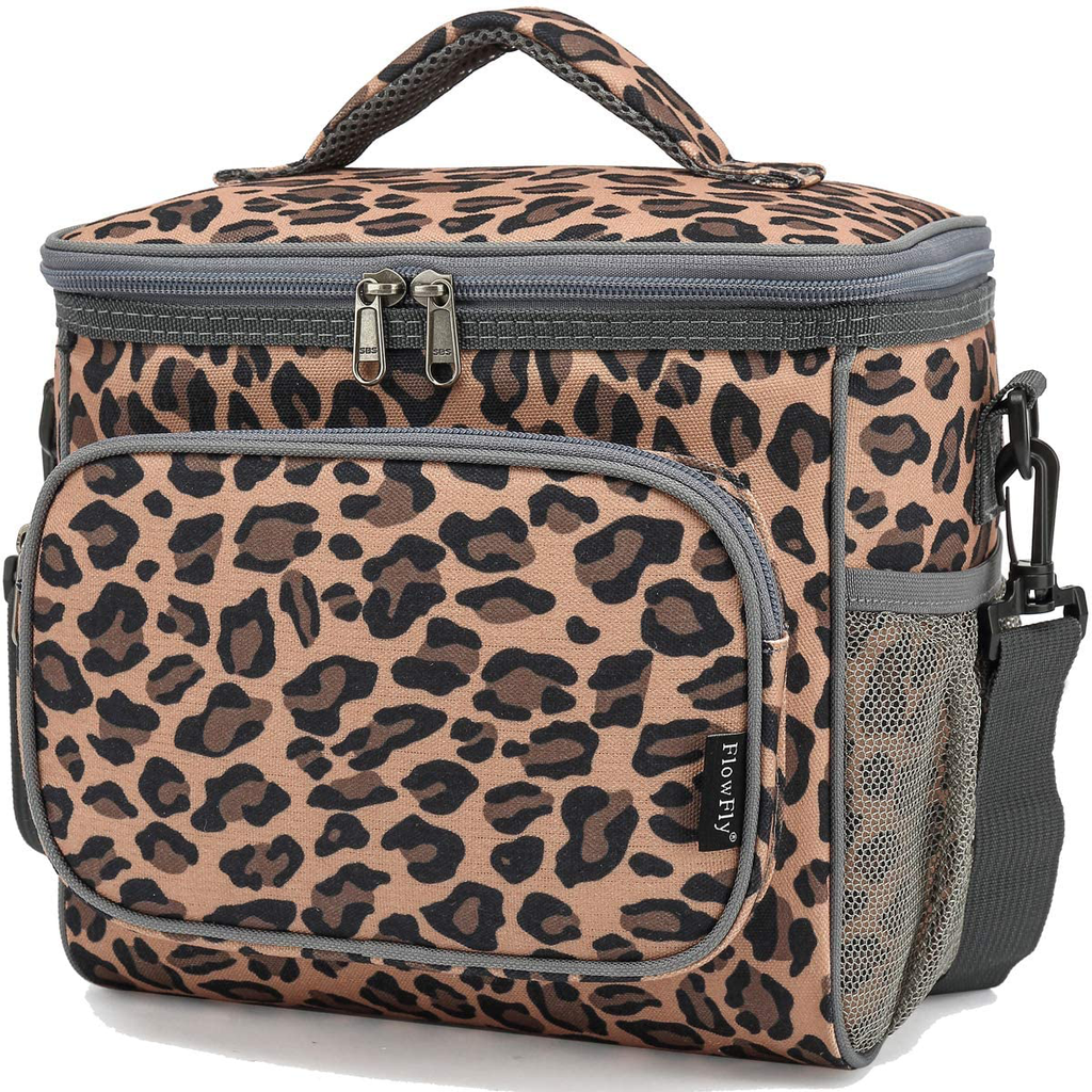 FlowFly insulated Reusable Lunch Bag Adult Large Lunch Box for Women and Men with Adjustable Shoulder Strap,Front Zipper Pocket and Dual Large Mesh Side Pockets, Leopard