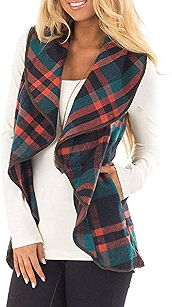 Rvshilfy Women's Color Block Lapel Open Front Sleeveless Plaid Vest Cardigan with Pockets