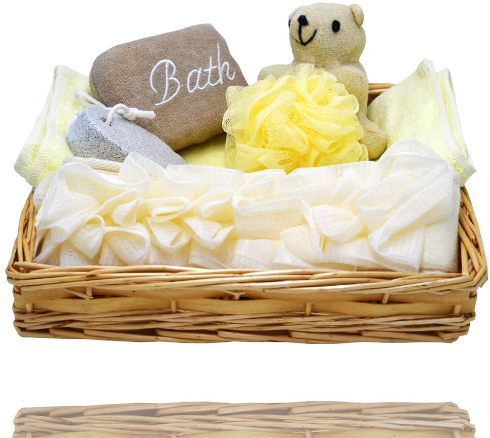Spa Shower Gift Basket - Luxury Bath & Body Set for Women/Men - Brush, Scrub, Exfoliate, Wash - Contains Microfiber Towel, Back Scrubber, Pumice Stone and Body Sponge & Handmade Weaved Basket