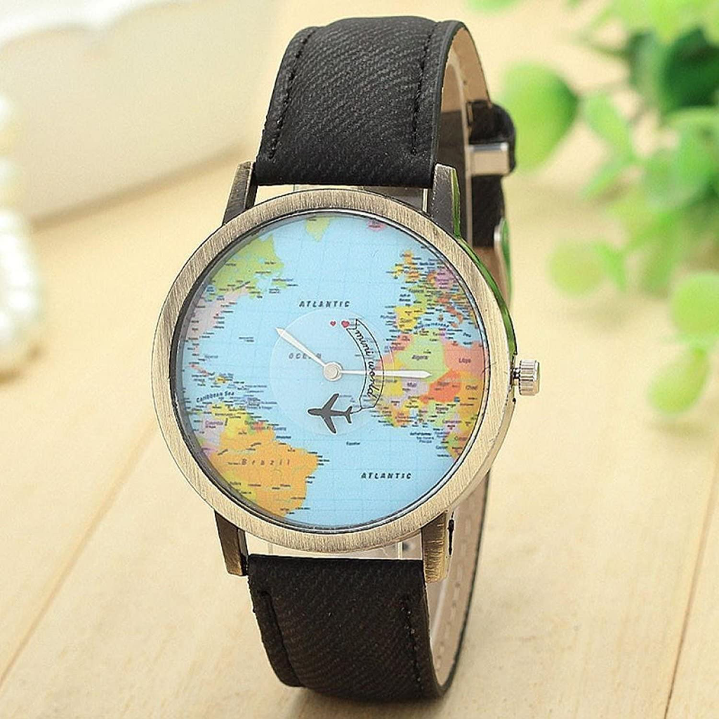 Unisex Retro Bronze Case Global Travel by Plane World Map PU Leather Band Quartz Watch