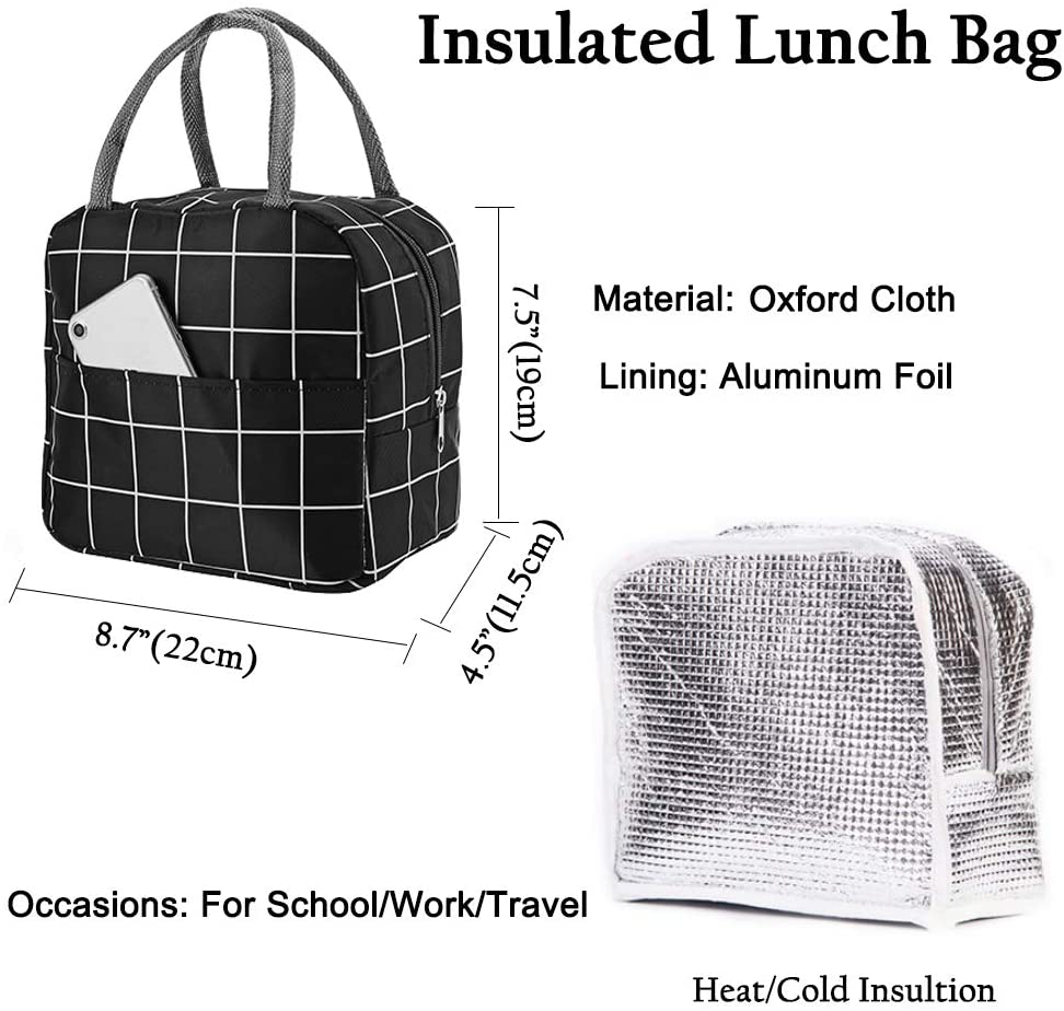 Lunch Bags for Women/Kids Girls Boys, Reusable Lunch Organizer Box Insulated Lunch Tote Bag for Work School Office Outdoors Picnic (Black Grid)
