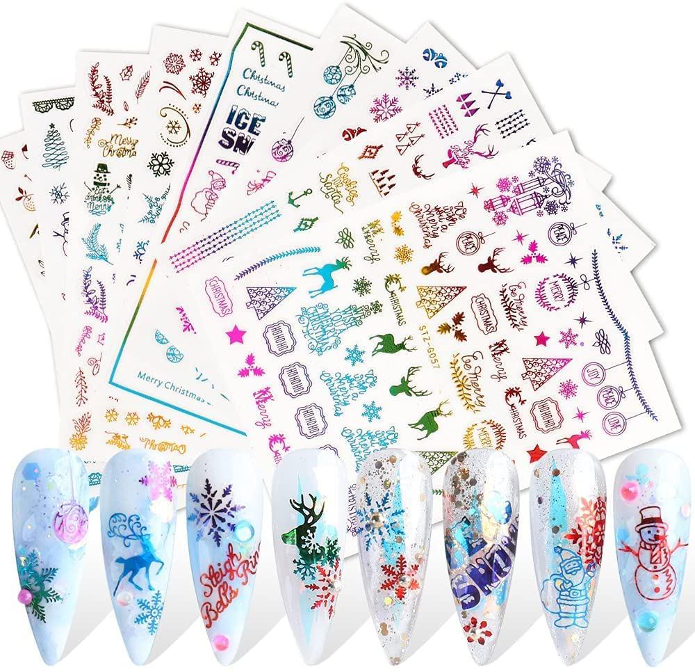 JMEOWIO 9 Sheets Christmas Nail Art Stickers Decals New 3D Snowflake Elk Pattern DIY Decoration Tools Accessories Long Beauty for Women Girls Kids