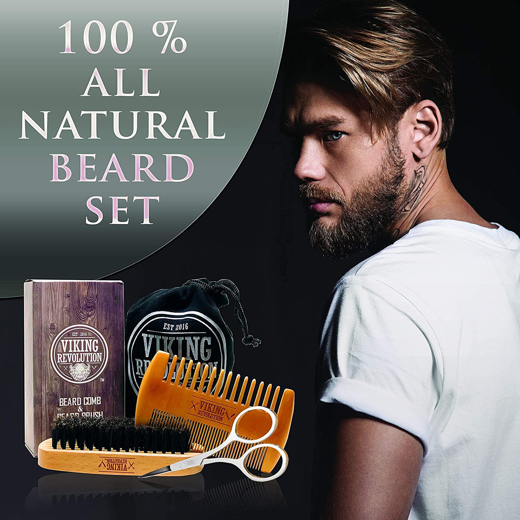 Viking Revolution Beard Comb & Beard Brush Set for Men - Natural Boar Bristle Brush and Dual Action Pear Wood Comb W/Velvet Travel Pouch - Great for Grooming Beards and Mustaches