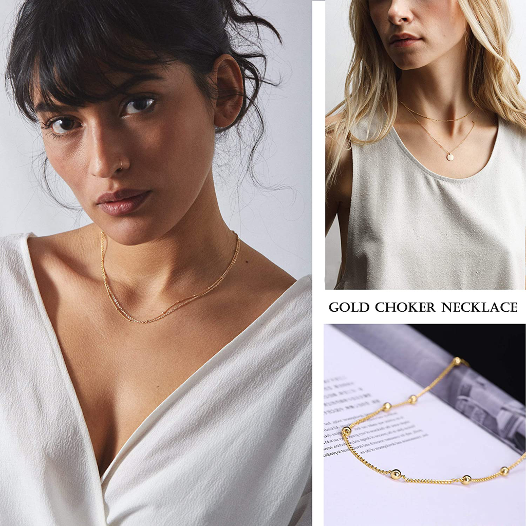 18k Gold Paperclip Chain Choker Satellite Chain Lava Bead Pendant Necklace Dainty Jewelry for Women 16''