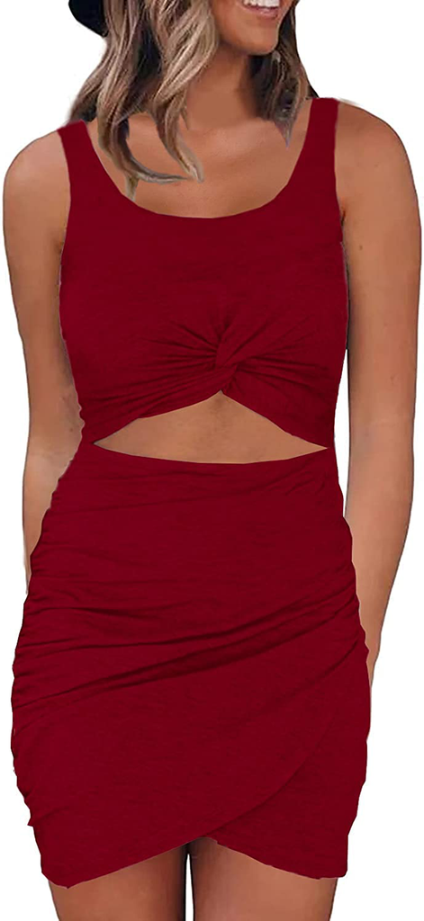 Zalalus Womens Sexy Twist Front Club Party Dresses Sleeveless Wrap Slim Bodycon Mini Dress