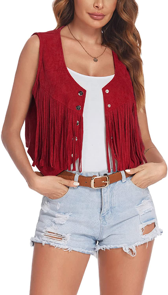 Hotouch Fringe Vest Women Faux Suede Open-Front Vintage Vest Sleeveless 70s Hippie Clothes Boho Western Jacket