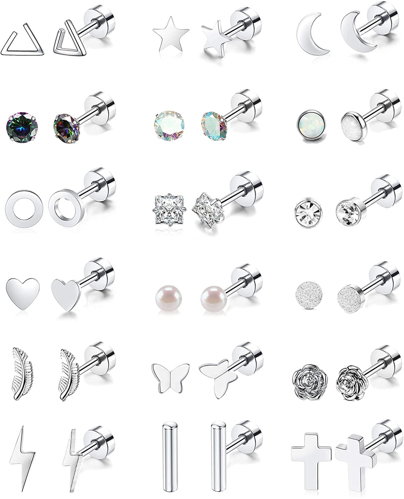 18 Pairs Stainless Steel Stud Earrings Set for Women Men Star Moon flower Heart Leaf Opal 20G Cartilage Earrings Hypoallergenic Flatback Earrings Piercing Jewelry