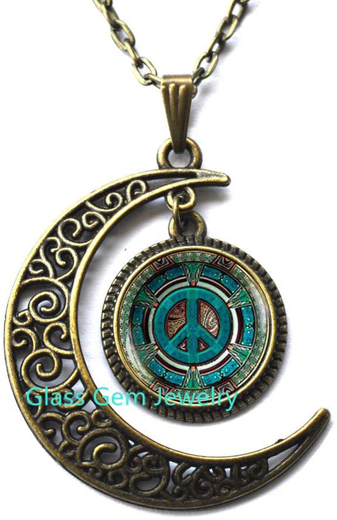 Moon Necklace Moon Pendant，Hippie Necklace, Hippie Pendant, Hippie Jewelry, Peace Sign Necklace, Peace Jewelry, Peace Pendant, Men'S Necklace, Hippie Men'S Jewelry