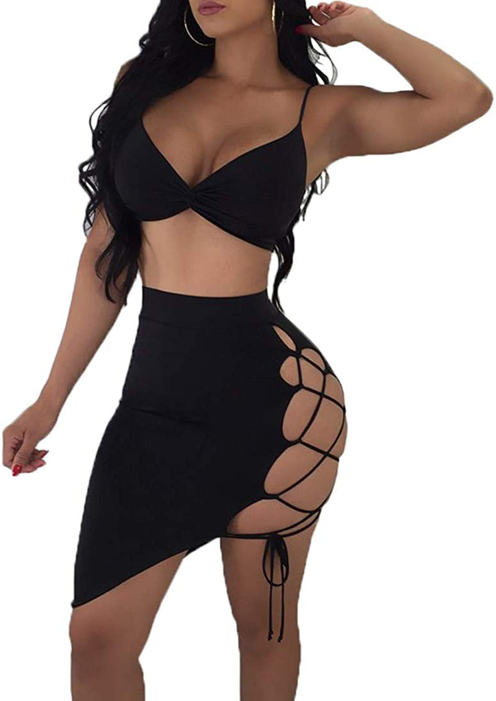 Women's Sleeveless Sexy Club Party Bandage Dresses Spaghetti Strap Two Piece Clubwear Crop Top + Lace Up Skirt