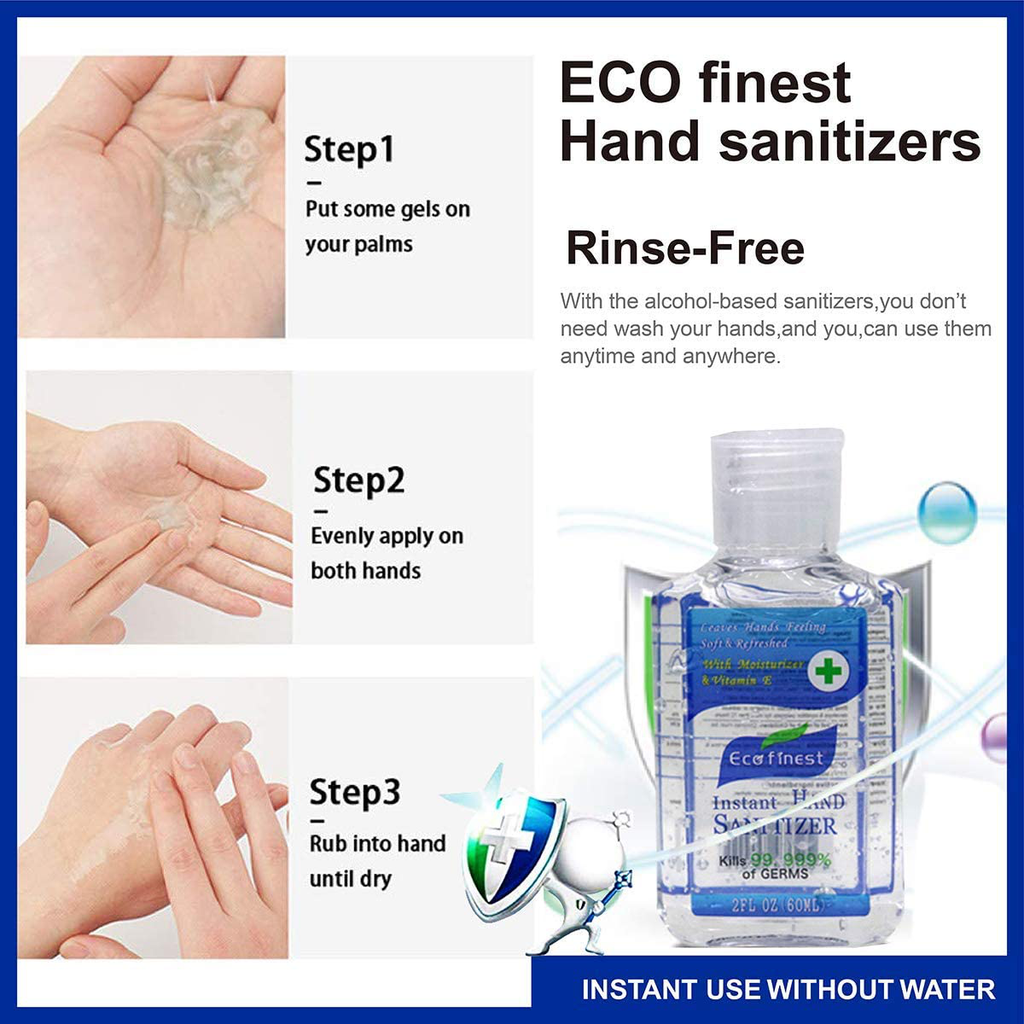 Eco Finest Hand Sanitizer Gel, 5-Pack 2 Oz Travel Size, 75% Alcohol - No Rinse, Instant Clean with No Water Needed, 2 Oz Individual Size