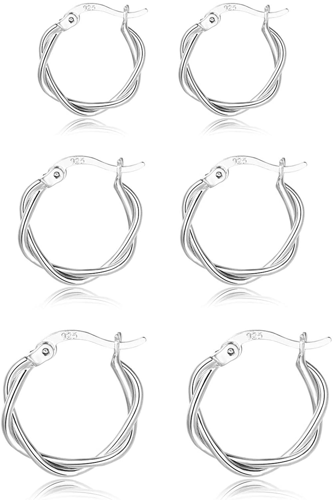 3 Pairs Small Silver Hoop Earrings- 925 Sterling Silver Post 14K White Gold Plated Small Hoop Earrings Set| Twisted Silver Hoop Earrings for Women Men Girls 13/15/20mm