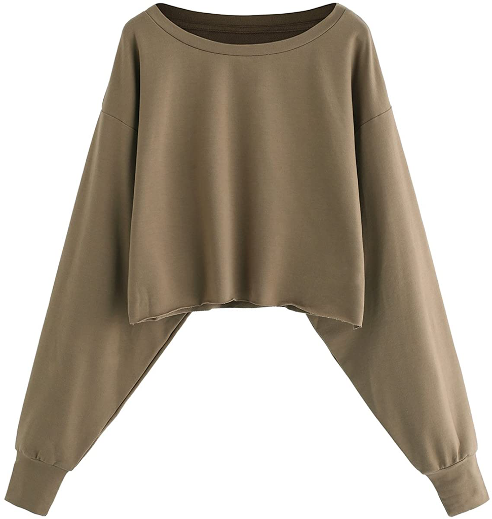 Romwe Women's Drop Shoulder Lantern Sleeve Raw Hem Aesthetic Sweatshirt Pullover Crop Top