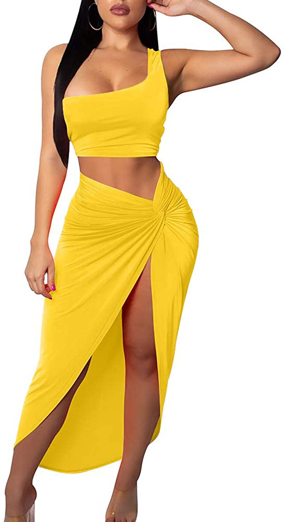 BEAGIMEG Women's Sexy One Shoulder Long Bodycon Slit Skirt 2 Pieces Dress