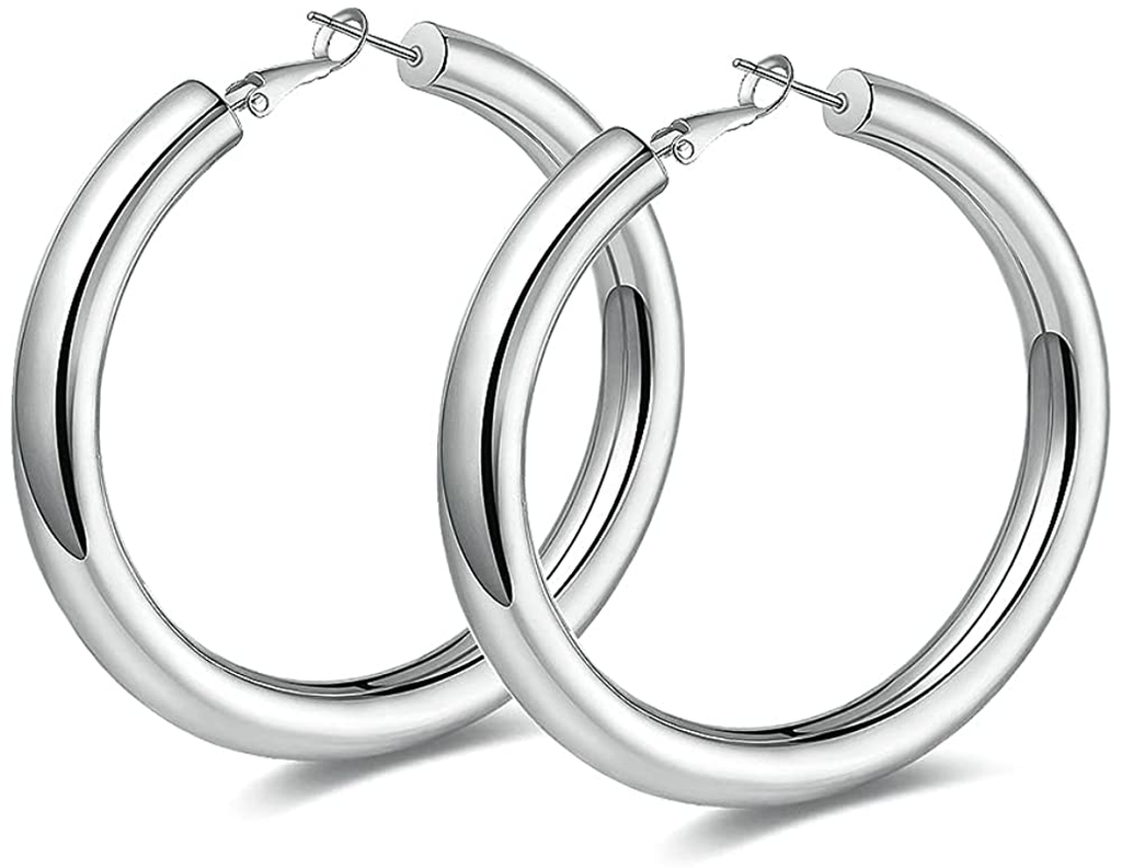 Women's Hollow Thick Hoop Earrings 14K White Gold Plated 