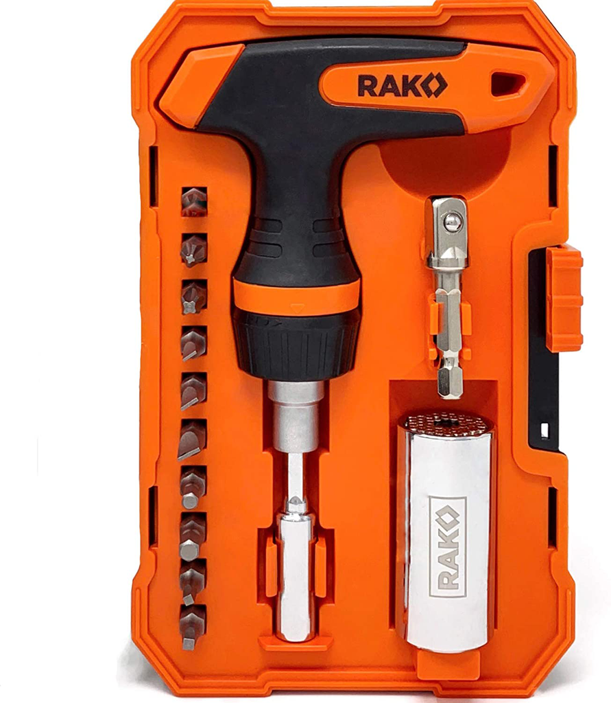 RAK Universal Socket Tool - Set of 15 with 1/4-To-3/4-Inch Wrench Grip, T-Handle Ratchet Driver and 10 Screwdriver Bits - Gift Ideas for Dad, Husband, Boyfriend, Handy Men or Women﻿