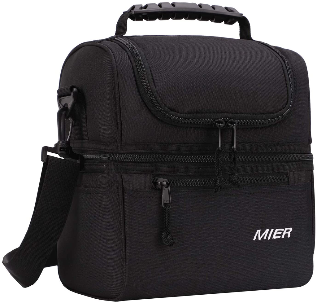 MIER 2 Compartment Lunch Bag for Men Women, Leakproof Insulated Cooler Bag for Work, School, Black