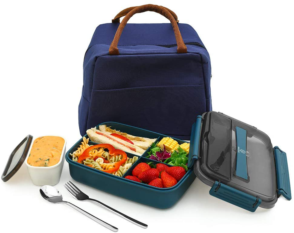MINCOCO Bento Lunch Box Leak-proof Eco-Friendly Bento Box Food Storage Containers with Large Lunch Bag, Sauce Jar, Stainless Spoon&Fork for Adults Women Men Kids (Navy Blue)