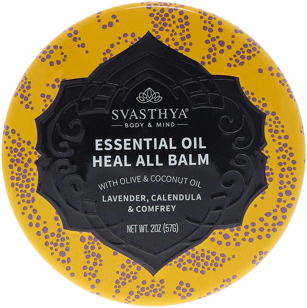 SVASTHYA BODY & MIND Essential Oil Heal All Balm - for Dry Cracked Skin, Speeds up Healing & Relieves Irritation, Beeswax, Olive, Coconut & Essential Oils - 100% Natural, Made in the USA, 2 Oz
