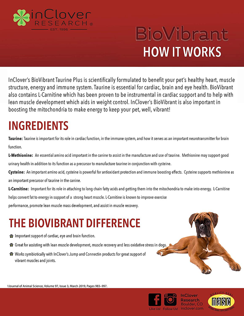 InClover, Dog Heart Health Supplement BioVibrant, Helps Support Dog Heart Health, Dog Supplement Treat Powder with Taurine Helps Pet Heart Health and Dog Weight Management, Dog Immune Support