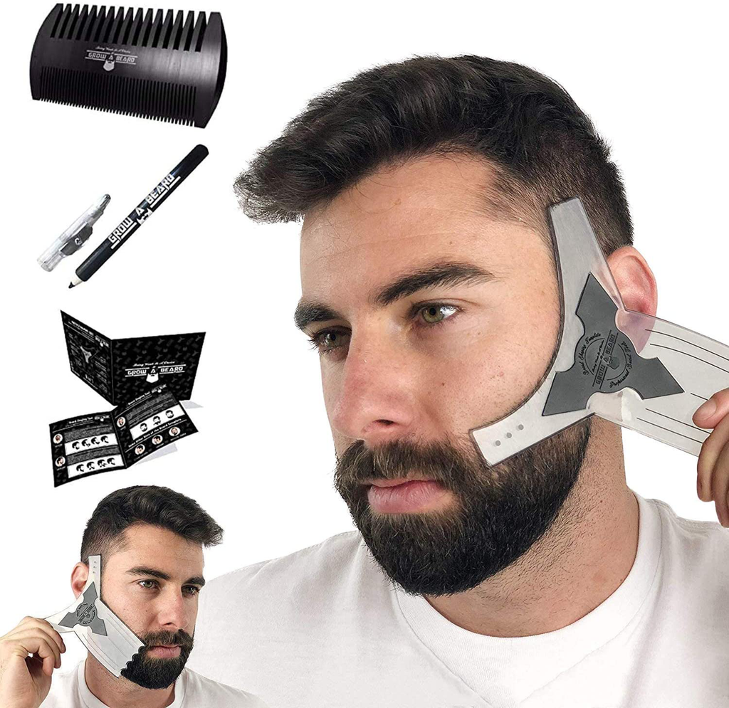 Beard Shaper & Beard Shaping Tool for Men, Beard Lineup Guide Template, Perfect for Styling and Edging, Includes Dual Action Beard Comb & Barber Pencil Liner