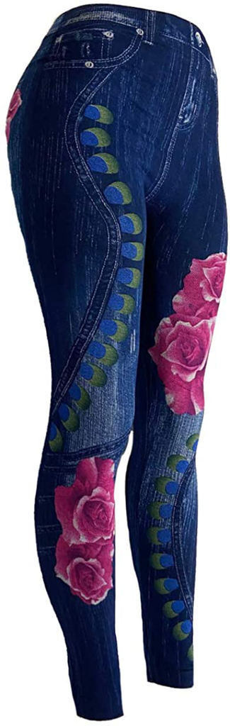 CLOYA Women's Denim Print Seamless Full Leggings for All Seasons - One Size Fits Large & X-Large