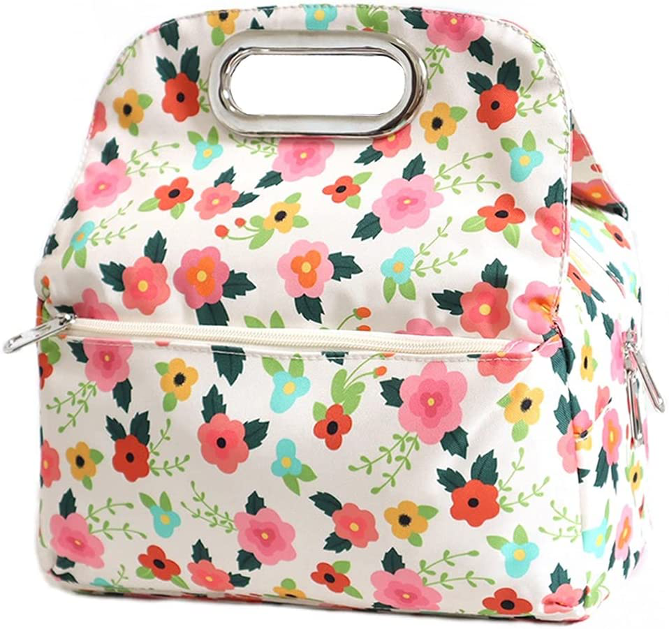 MOV COMPRA Reusable Insulated Small Lunch Bags for Women Printed Cooler Tote Box with Back Pocket Zipper Closure for Woman Work Picnic or Travel (NEW FLOWER)