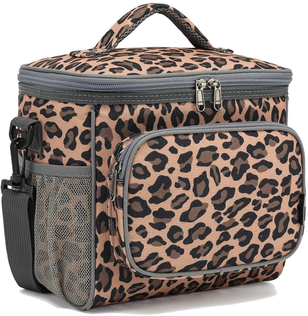 FlowFly insulated Reusable Lunch Bag Adult Large Lunch Box for Women and Men with Adjustable Shoulder Strap,Front Zipper Pocket and Dual Large Mesh Side Pockets, Leopard