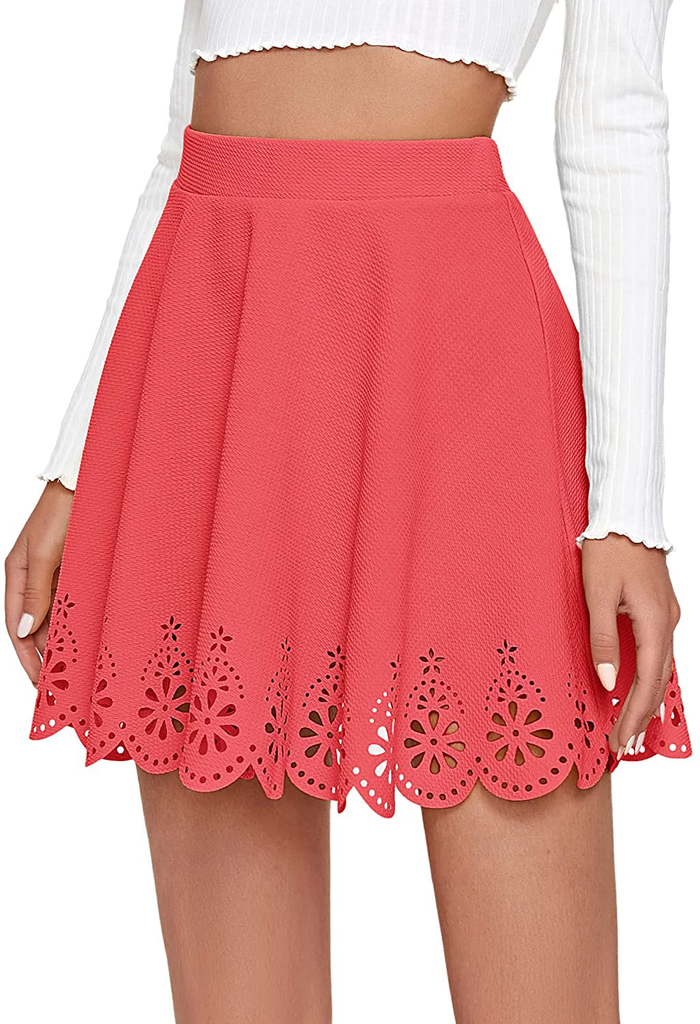 SheIn Women's Basic Solid Cutout Scallop Hem Flared Mini Skater Skirt