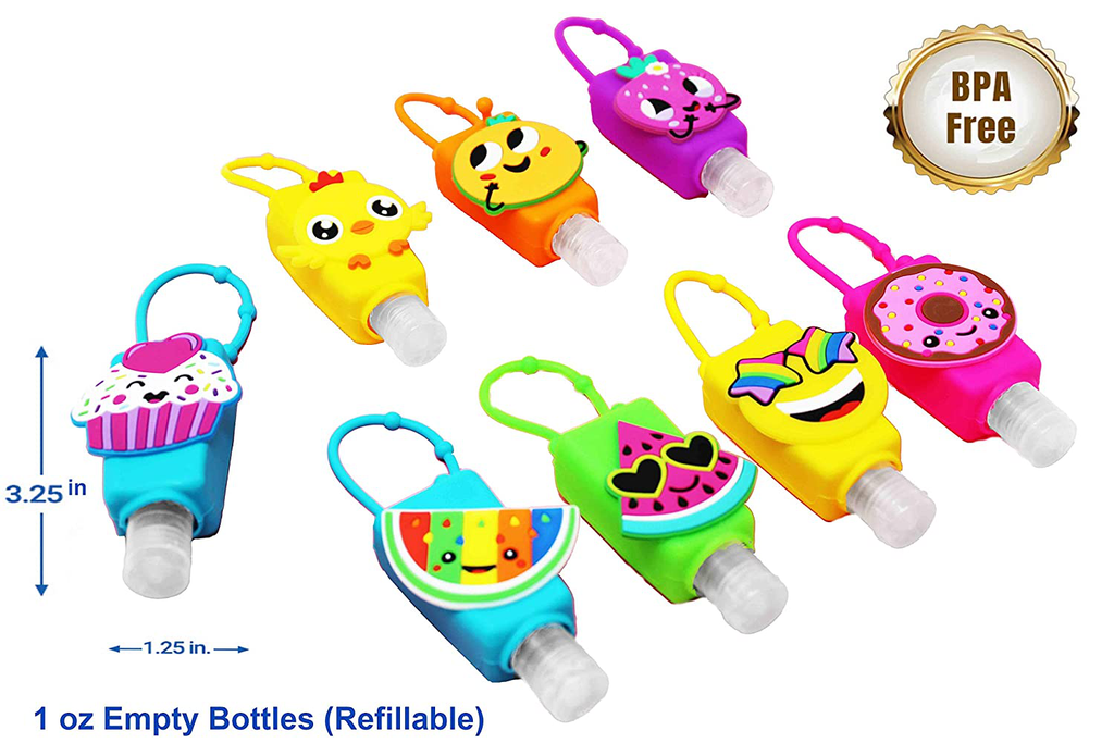 KINIA 8 Pack Empty RAINBOW Kids Hand Sanitizer Travel Size Holder Keychain Carriers, 8-1 Fl Oz. Flip Cap Reusable Empty Portable Bottles (8-Variety Pack RAINBOW)