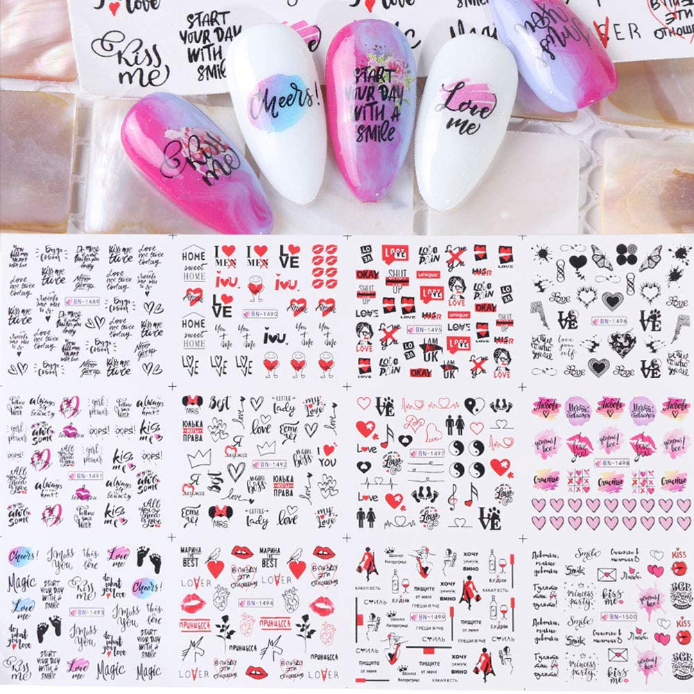 Graffiti Fun Nail Art Stickers Decals Lips Heart Nail Art Supplies Nail Accessories Decorations Nail Sticker for Acrylic Nails Love Heart Letters Design Nail Art Water Transfer Manicure Tips 12Pcs