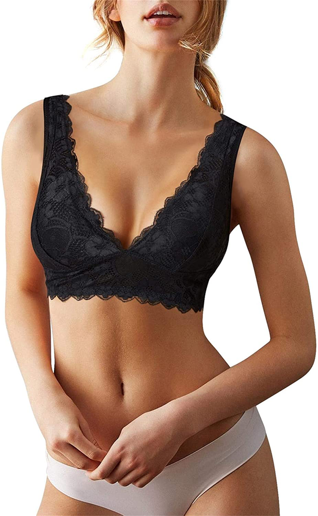 BRABIC Bralette for Women Lace Plunge Bra Deep V Racerback with Removable Pads Wirefree