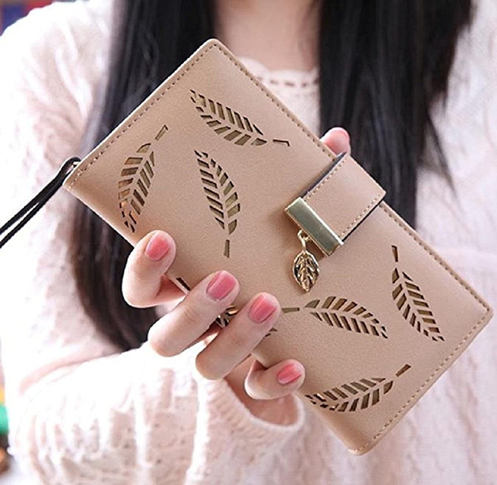 Women's Long Leaf Bifold Wallet Leather Card Holder Purse Zipper Buckle Elegant Clutch Wallet Handbag