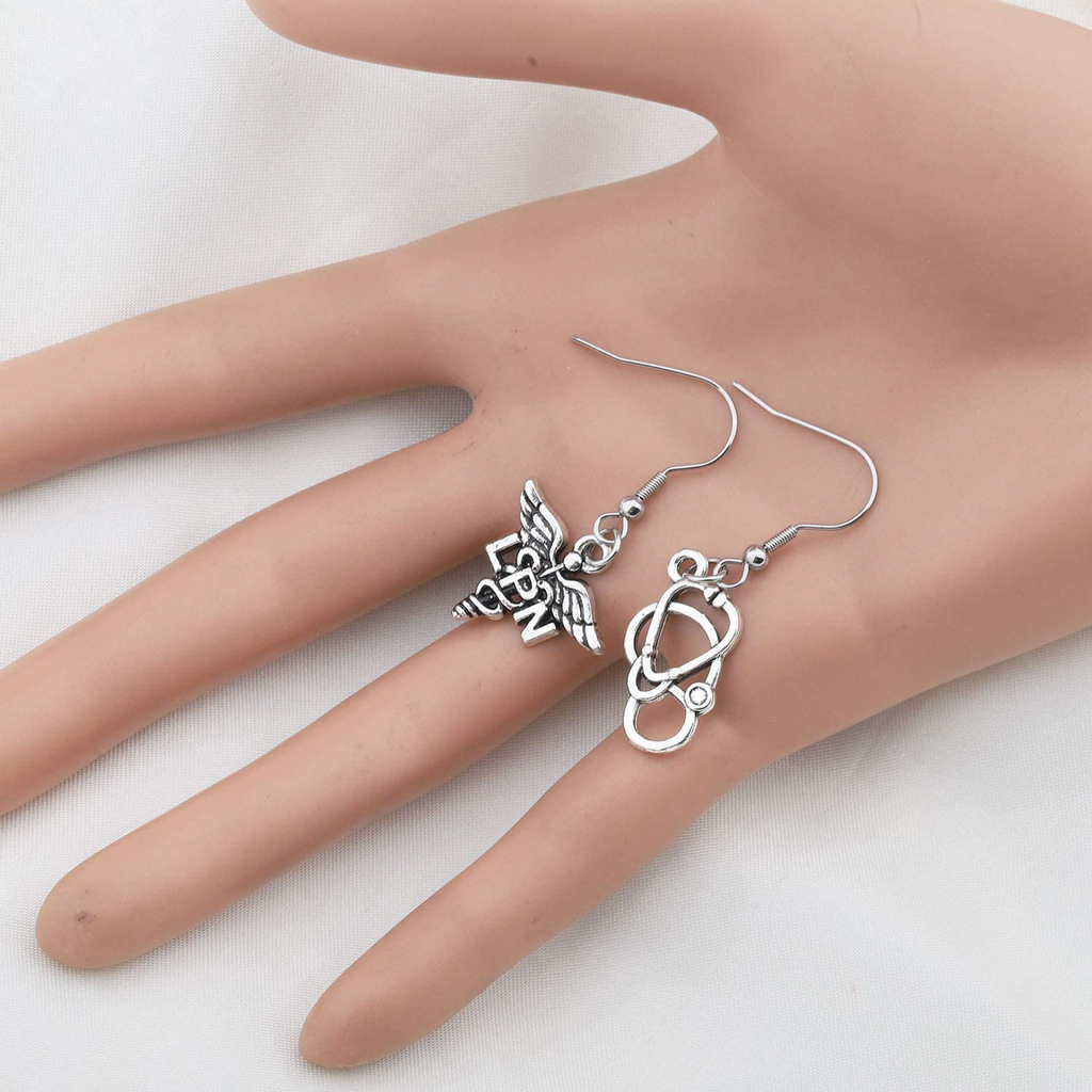 bobauna Nursing Caduceus Stethoscope Asymmetrical Drop Earrings Medical RN LVN LPN Jewelry Gift For Nurse Doctor