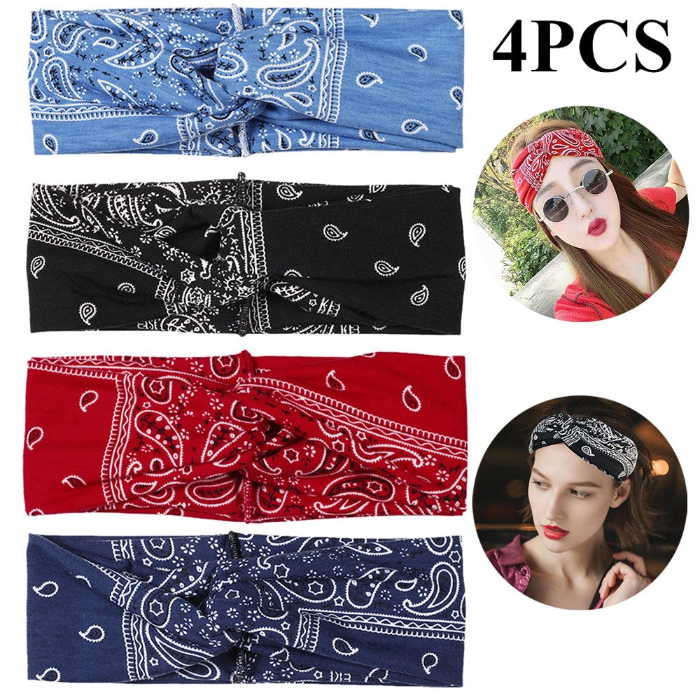 4PCS Boho Headbands for Women,  Vintage Bandana Flower Printed Head Wrap Twisted Hair Accessories