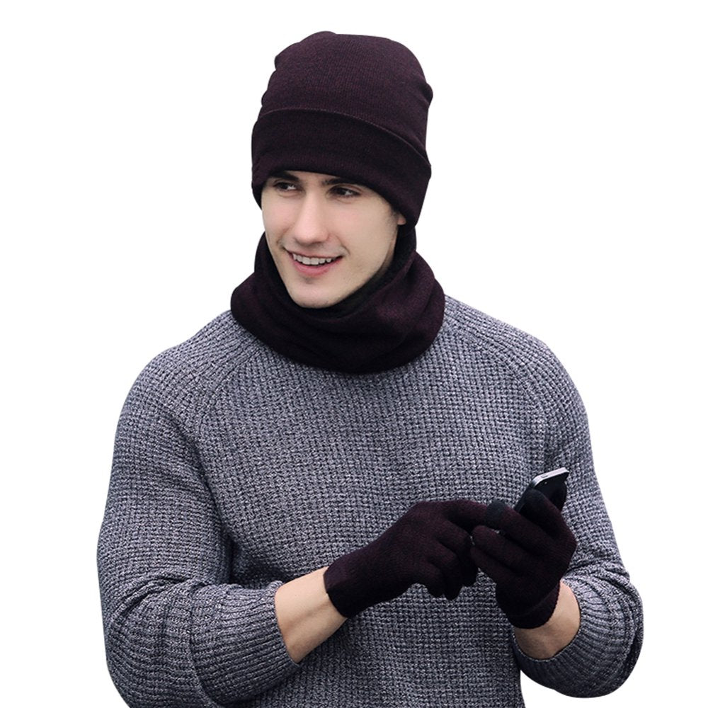 , 3 Pieces Universal Warm Knitted Hat Scarf Gloves Set, Beanie Hat Circle Scarf Touchscreen Gloves Set for Men Women, Wine Red